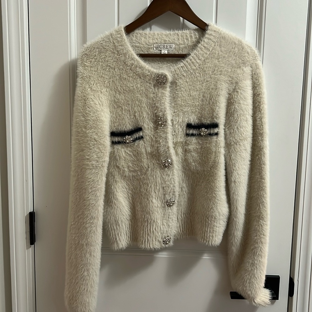 JCrew Fuzzy White Rhinestone sweater size Medium